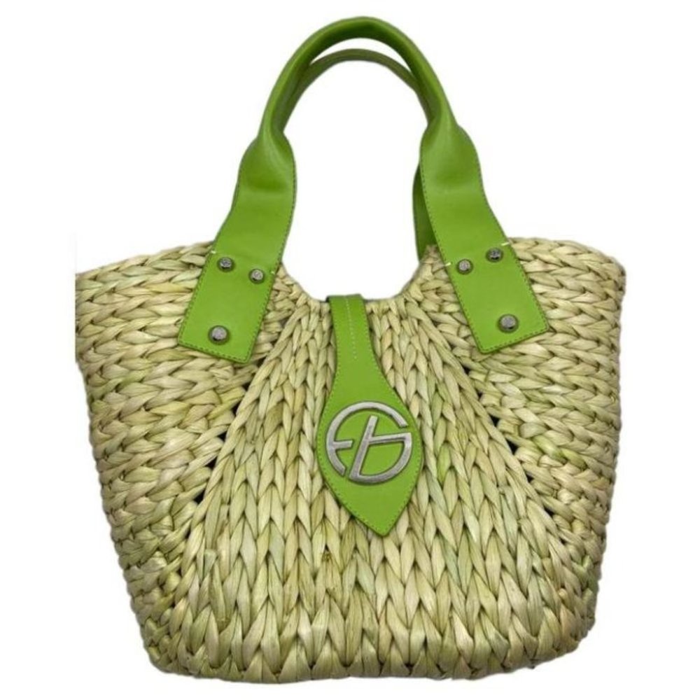 Francesco Biasia Straw Shoulder Tote with Lime Green Leather Accents